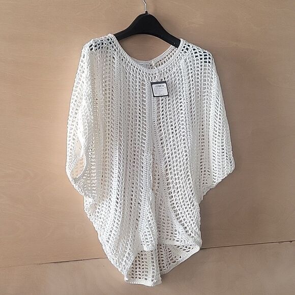 NWT Club Monaco XS Crochet Woven White Cut Out Knit Boho Linen Relaxed Top Drape - Picture 5 of 11
